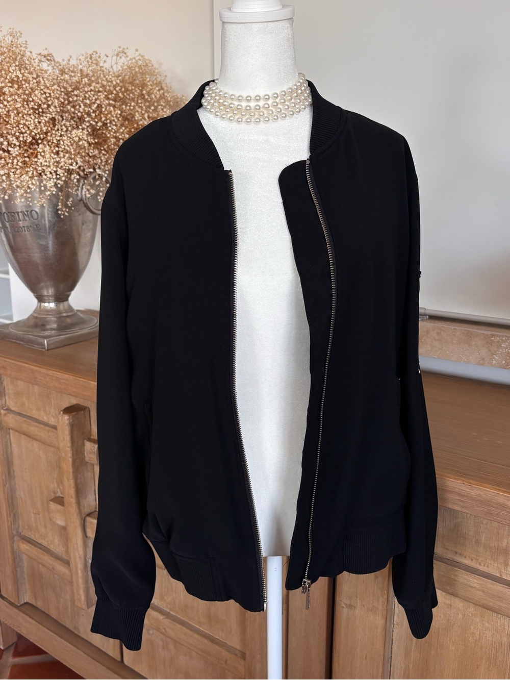 MICHAEL Michael Kors Black Silky Bomber Jacket Silver Zip L Y2K Fall - Picture 4 of 13